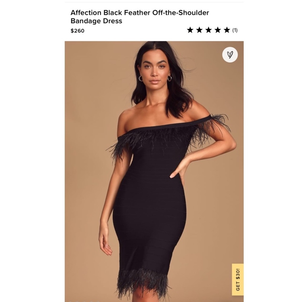 Lulus off the shoulder black feather bandage dress